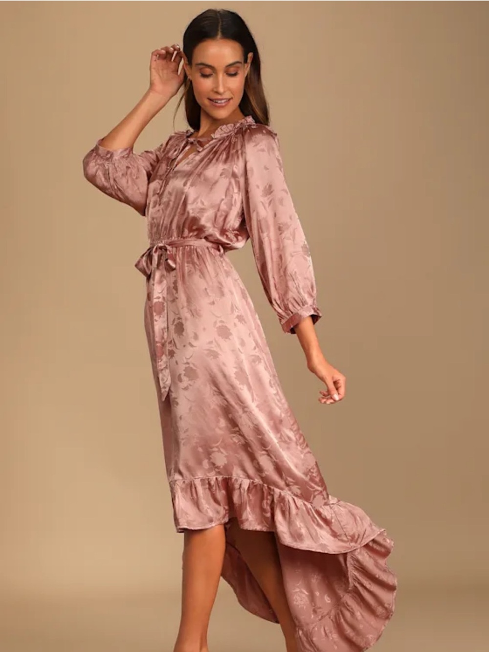 Live for the Moment Mauve Satin Floral Jacquard Midi Dress